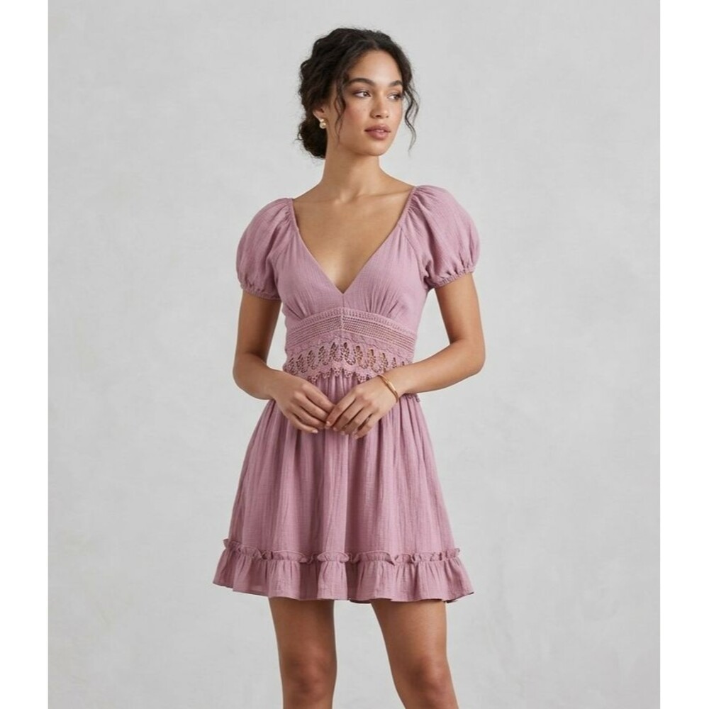 Lulus Better With You Mauve Purple Lace Puff Sleeve Mini Dress V-Neck Crochet S